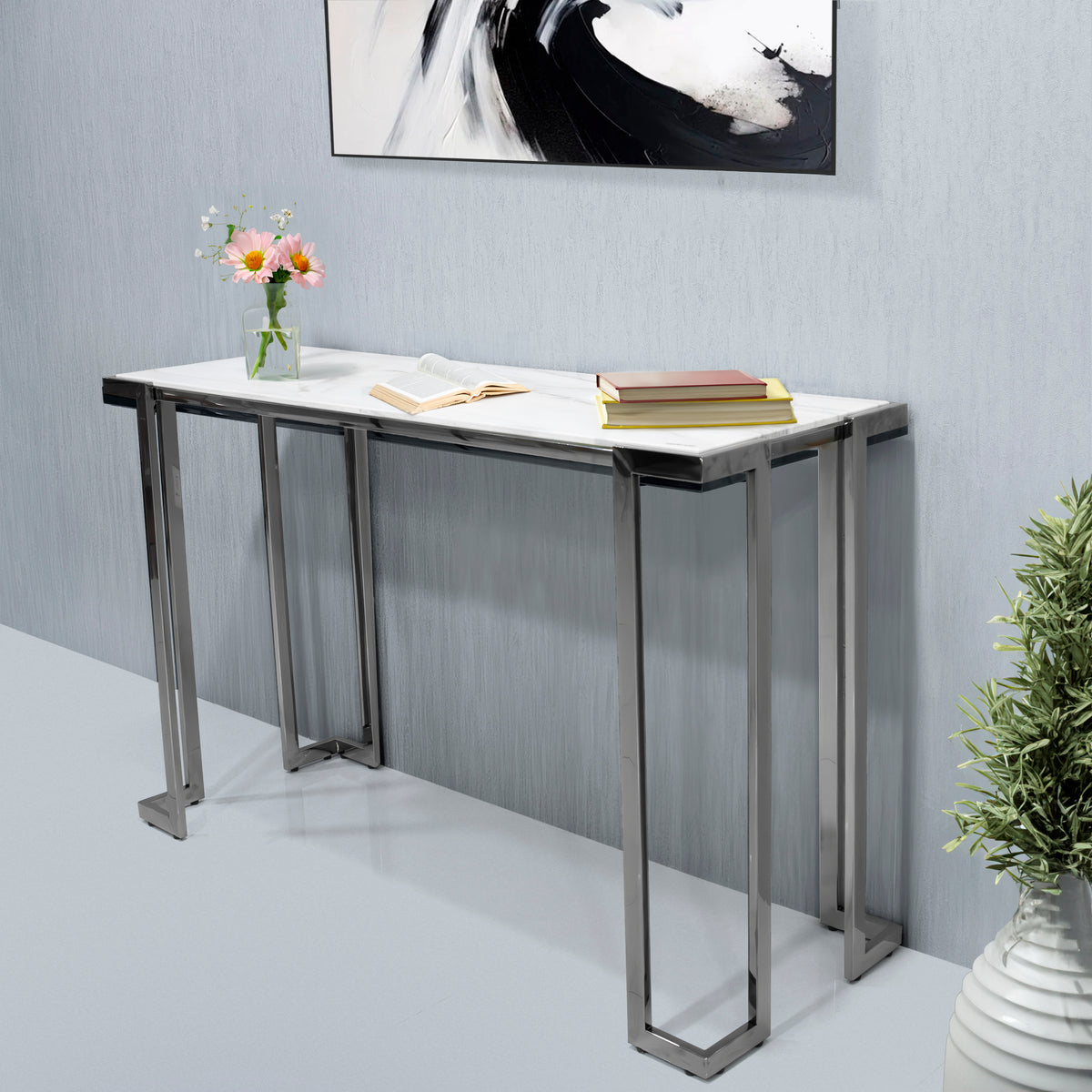 Sepano Marble Glass Console Table with Gunmetal Stainless Steel ...