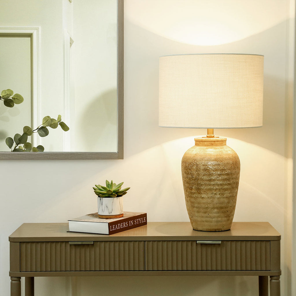 Travertine Polyresin Table Lamp with Cream Linen Shade